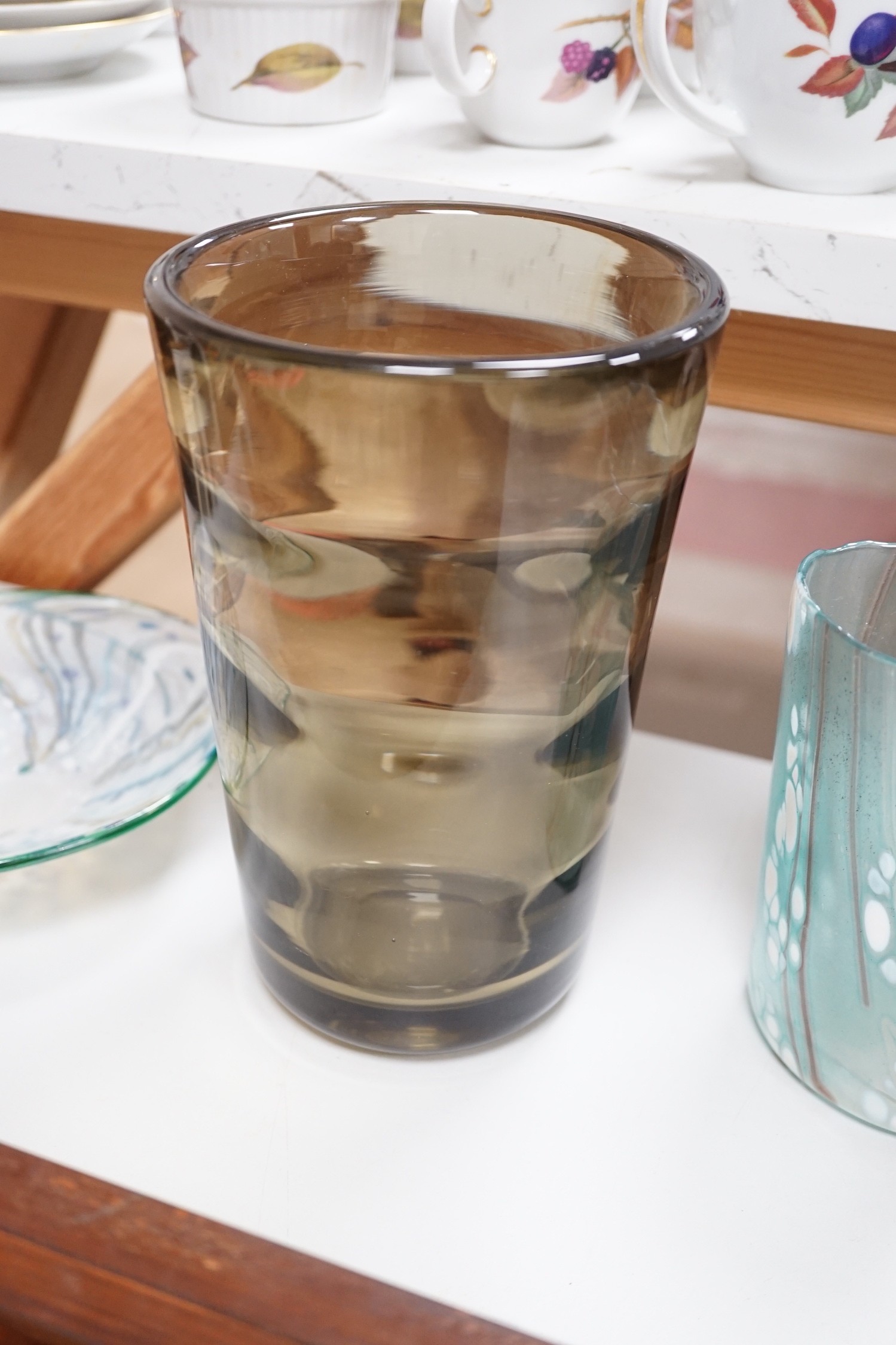 A Whitefriars glass vase and two Isle of Wight glass items